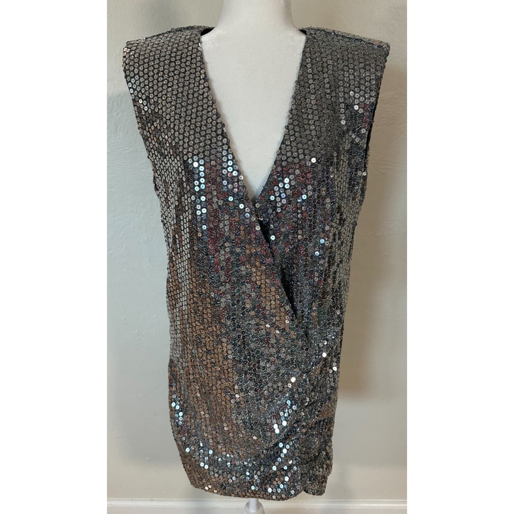 NWT ZARA‎ Women's Size Medium Draped Silver Sequin Dress NYE Party Cocktail